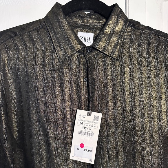 NWT Zara men’s gold black shimmery button up top - Picture 3 of 7